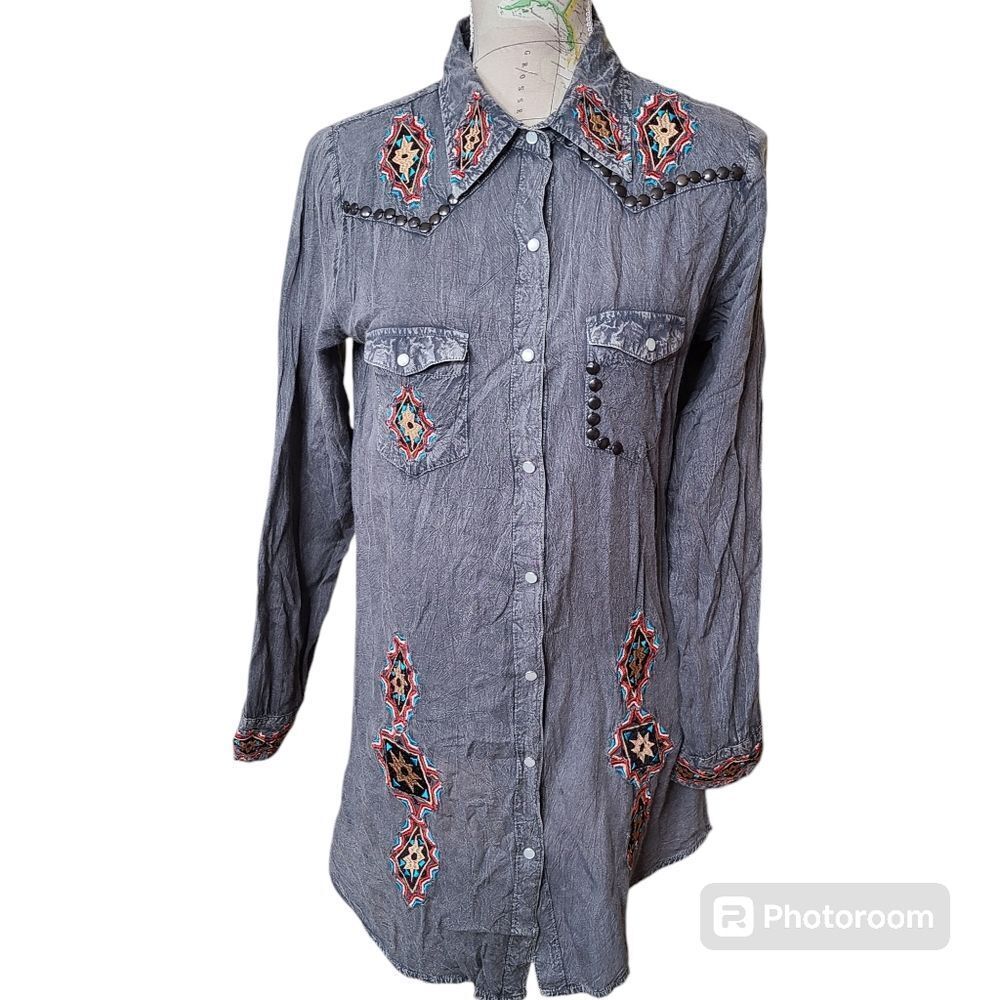 VINTAGE SCULLY Womens Size Small Western Shirt Faded Gray Snap Button Embroidery